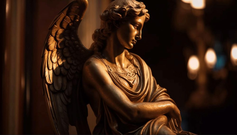 Bronze winged angel statue representing energy clearings and attunements