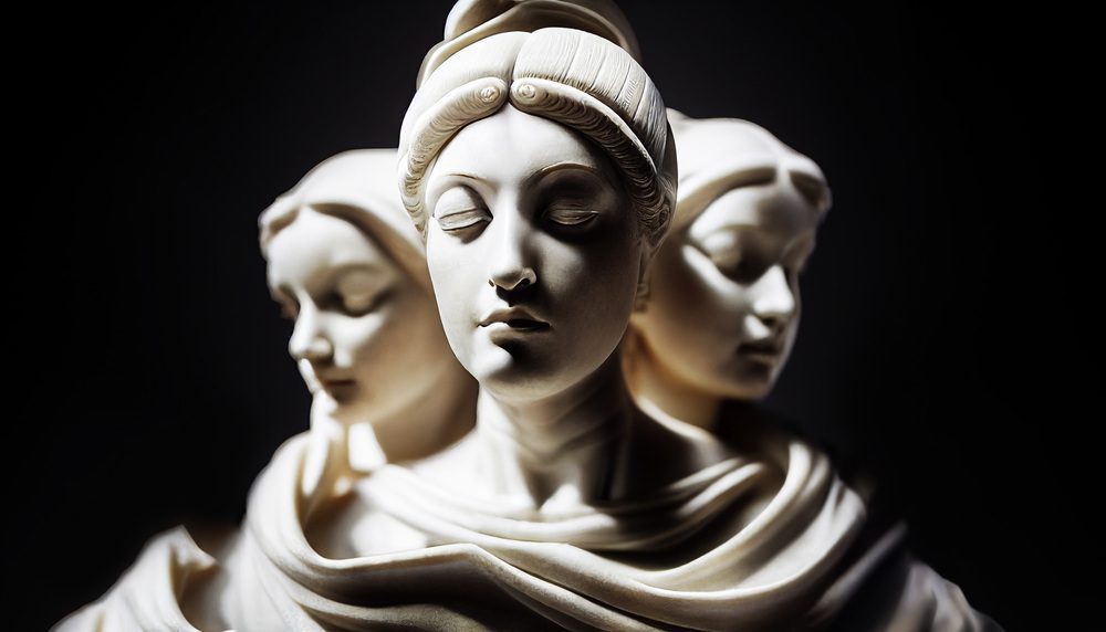 White marble triple-figure statue representing mystic mentorship and guidance