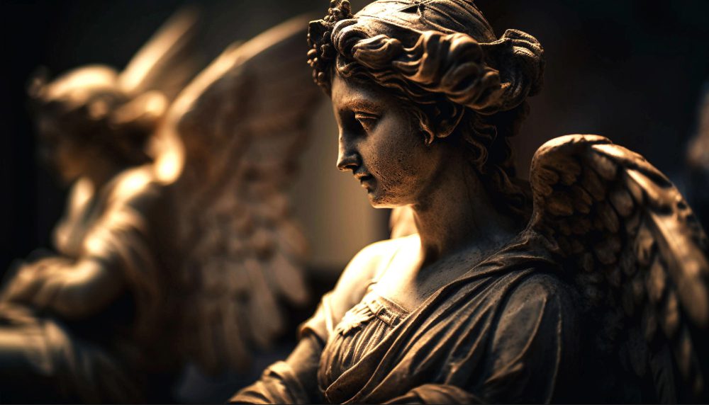 Golden winged angel statue representing sacred space and ritual design